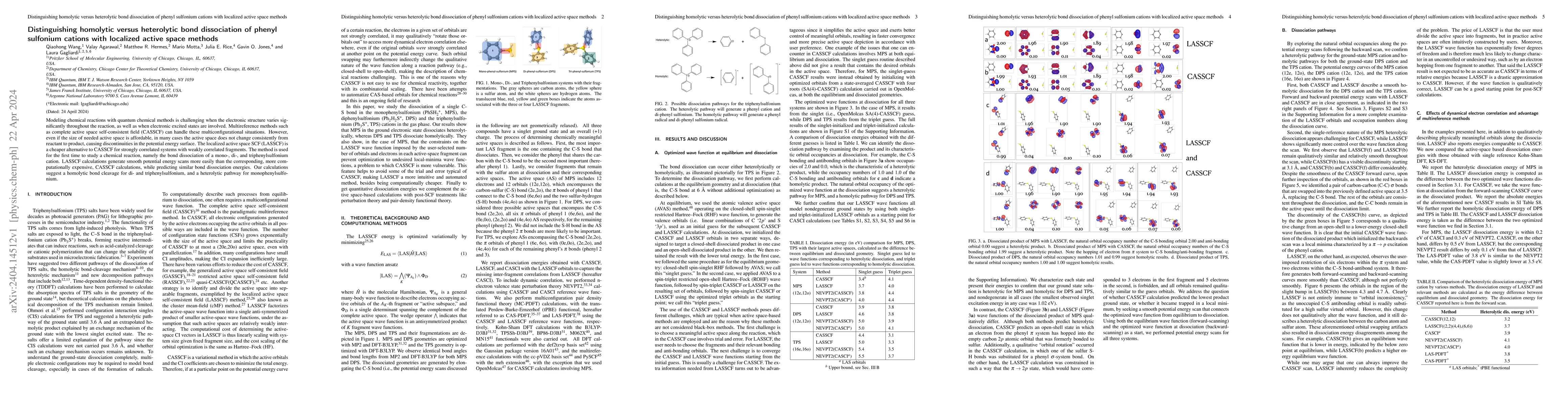 Thumbnail for Distinguishing homolytic versus heterolytic bond dissociation of phenyl
  sulfonium cations with localized active space methods