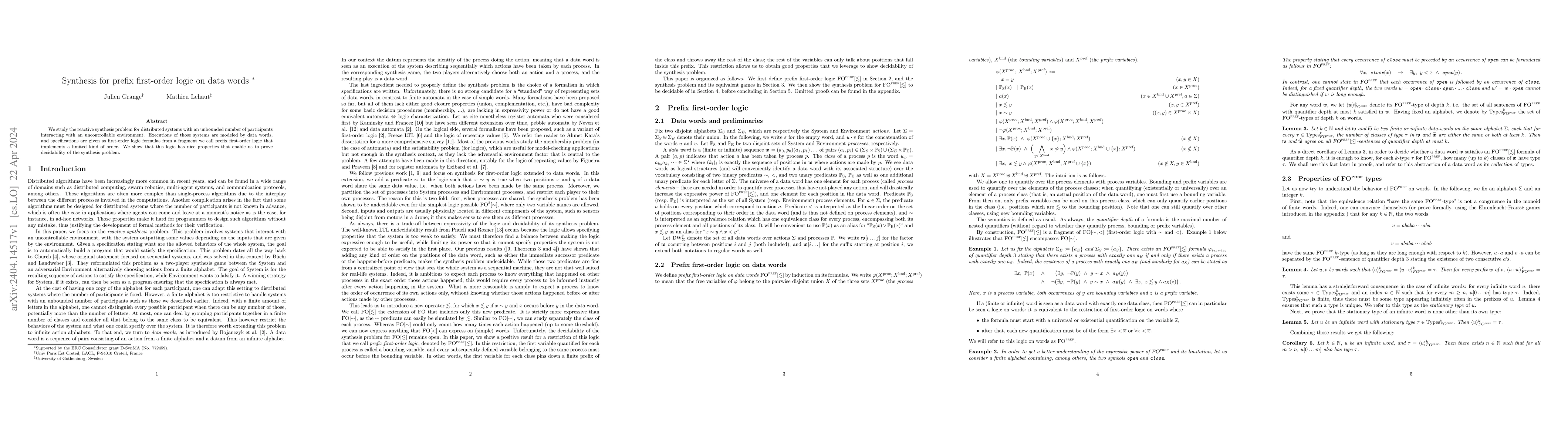 Thumbnail for Synthesis for prefix first-order logic on data words