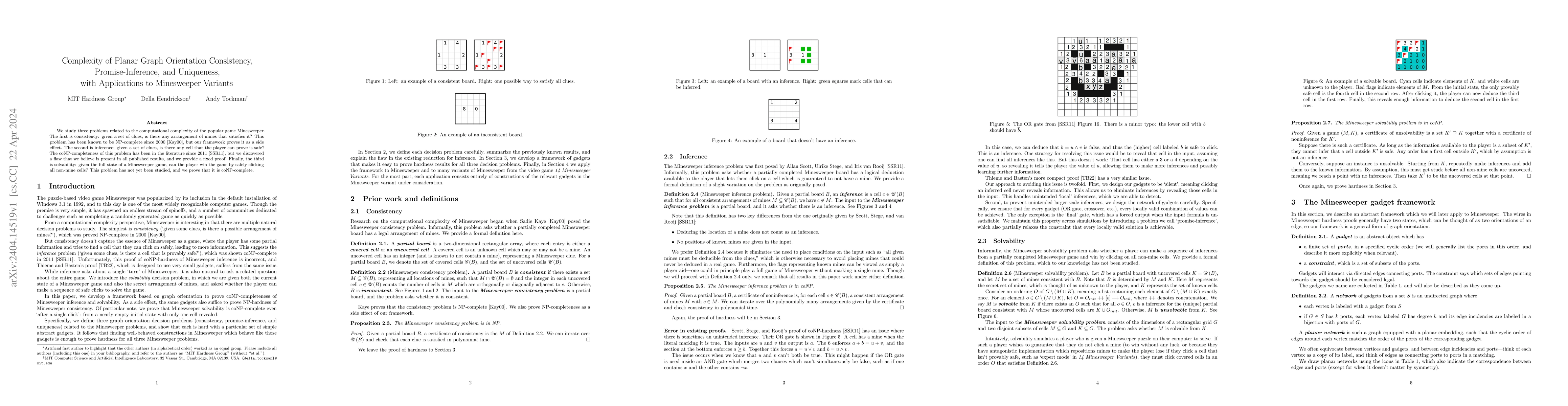 Thumbnail for Complexity of Planar Graph Orientation Consistency, Promise-Inference,
  and Uniqueness, with Applications to Minesweeper Variants