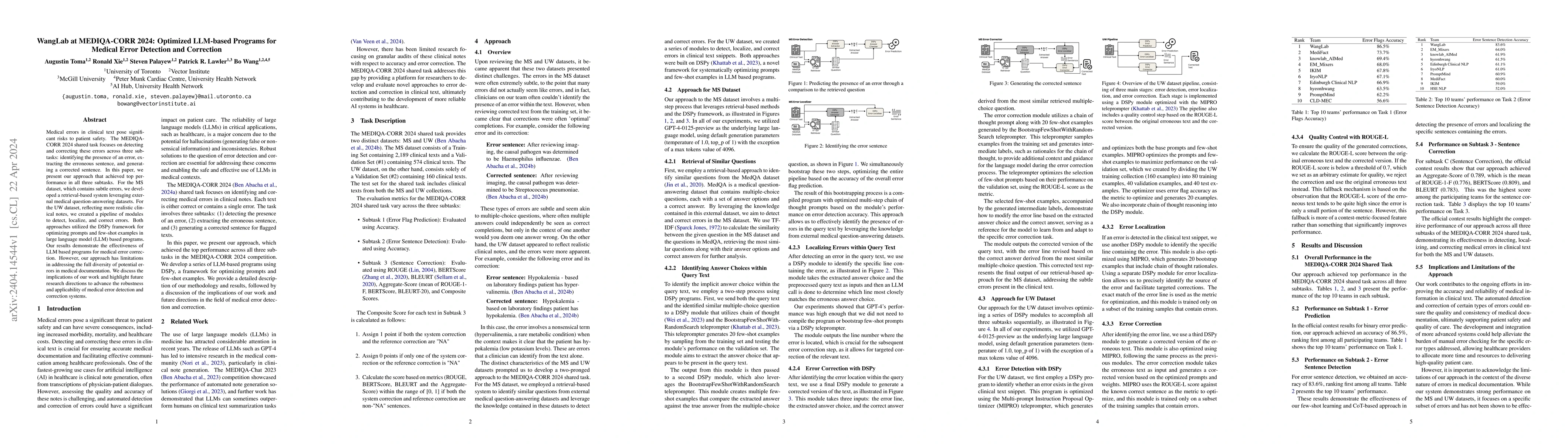 Thumbnail for WangLab at MEDIQA-CORR 2024: Optimized LLM-based Programs for Medical
  Error Detection and Correction