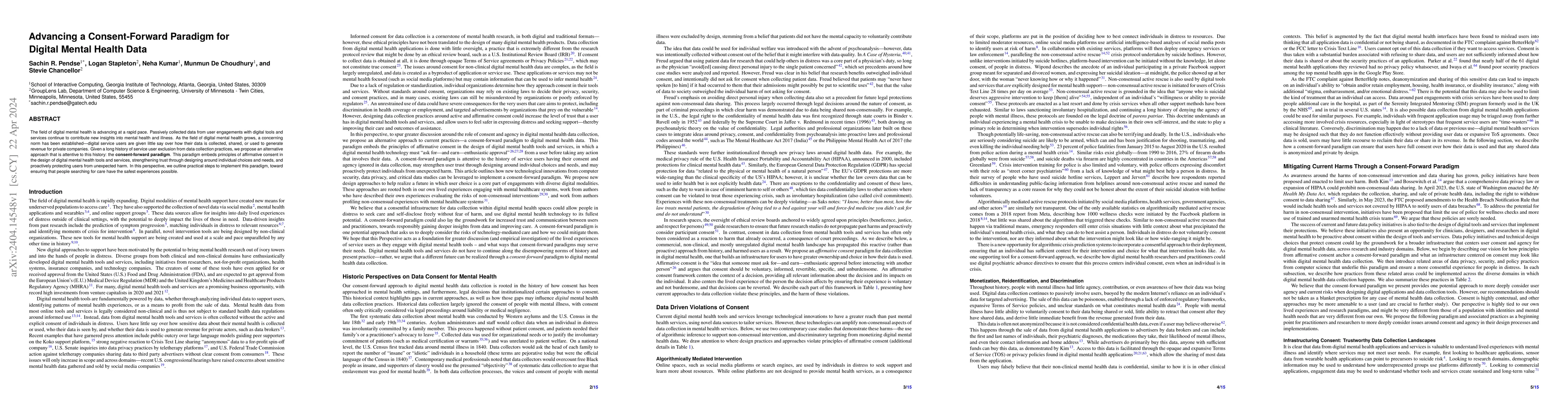 Thumbnail for Advancing a Consent-Forward Paradigm for Digital Mental Health Data