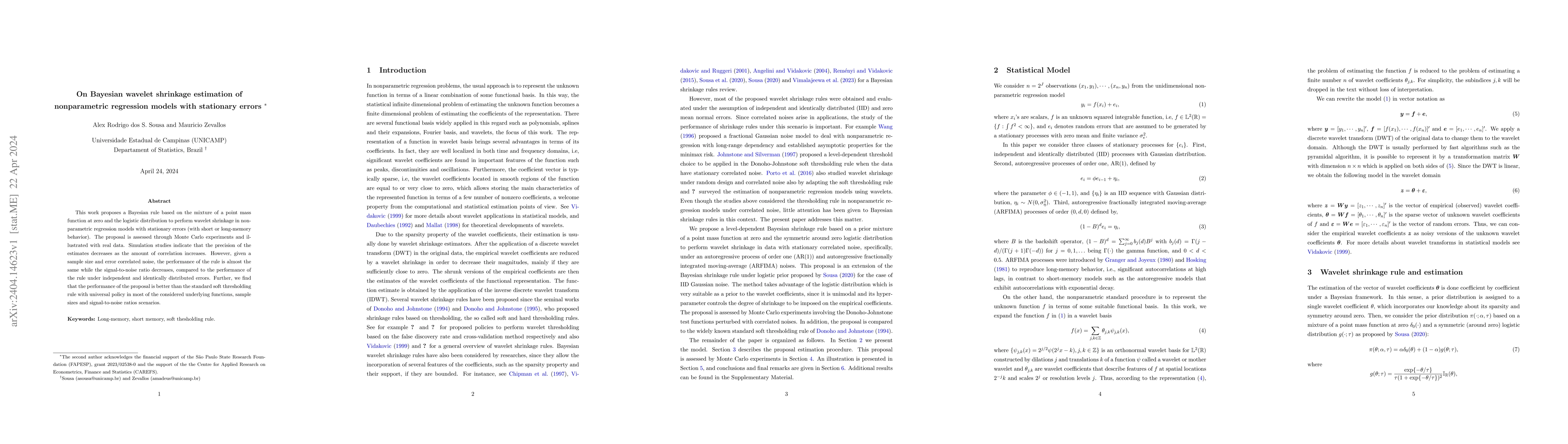 Thumbnail for On Bayesian wavelet shrinkage estimation of nonparametric regression
  models with stationary errors