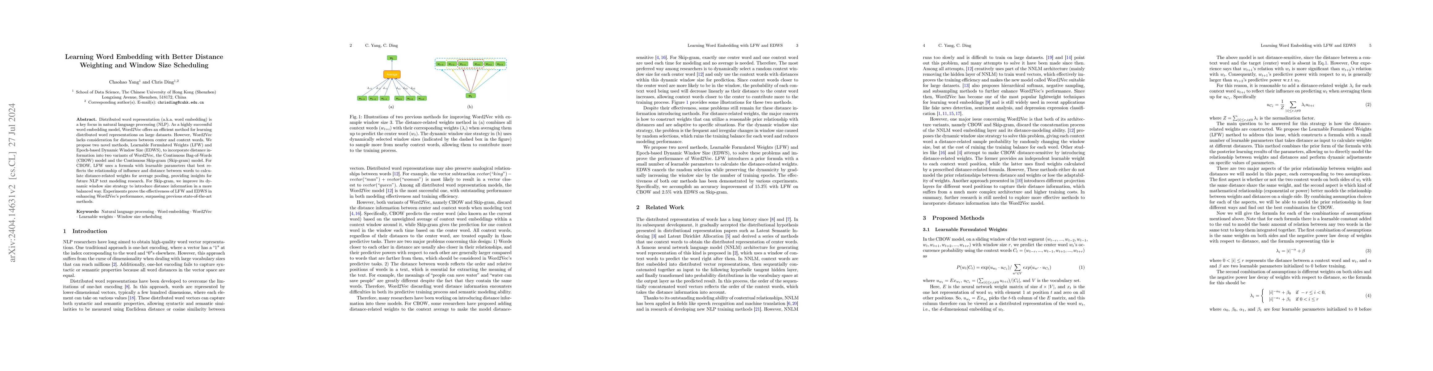 Thumbnail for Learning Word Embedding with Better Distance Weighting and Window Size
  Scheduling