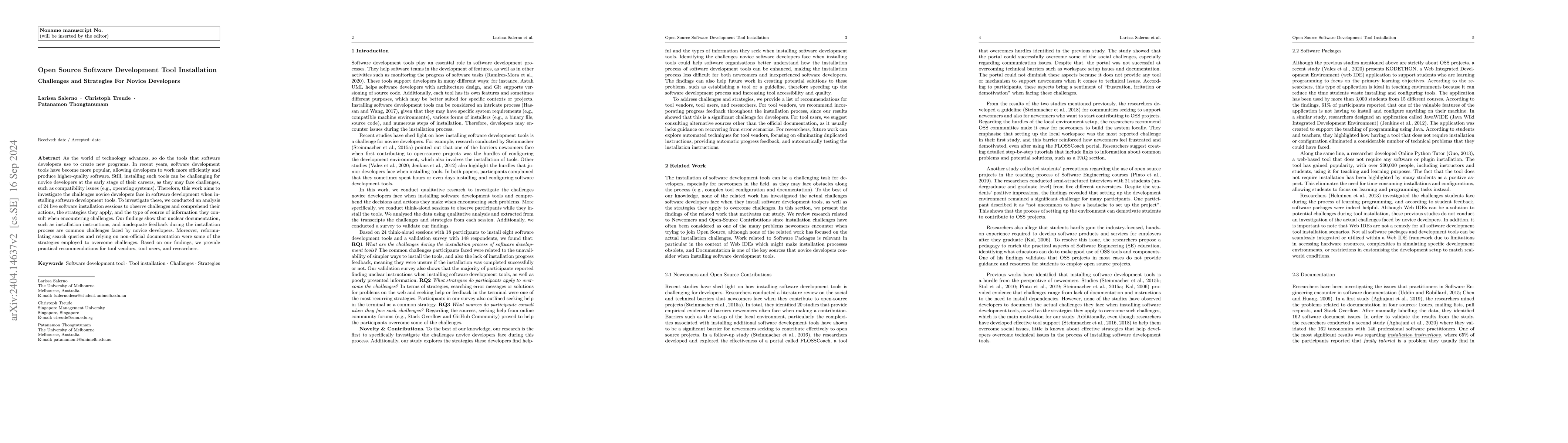 Thumbnail for Open Source Software Development Tool Installation: Challenges and
  Strategies For Novice Developers