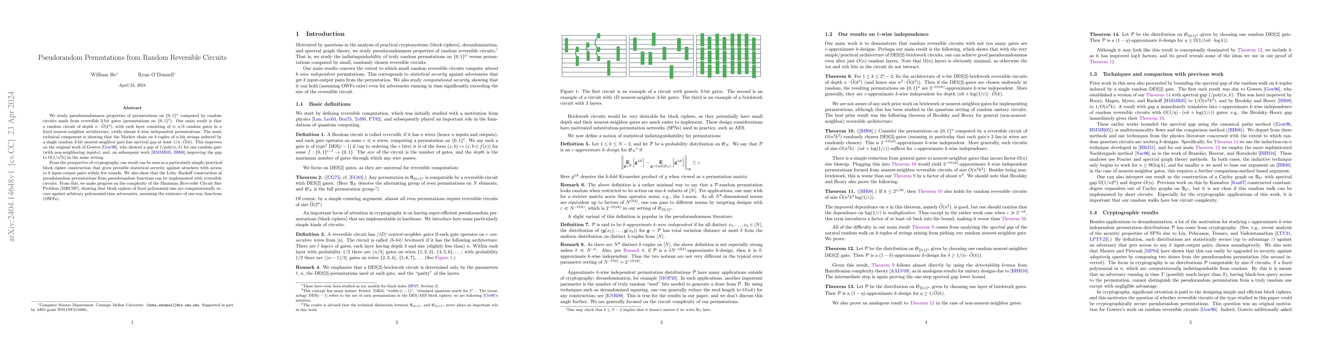 Thumbnail for Pseudorandom Permutations from Random Reversible Circuits