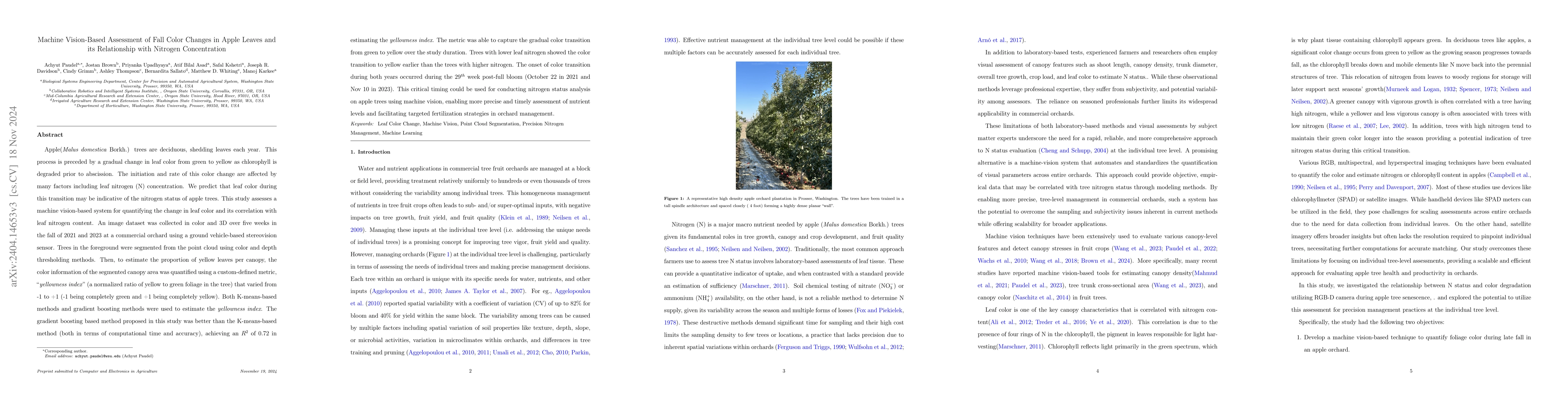 Thumbnail for Machine Vision Based Assessment of Fall Color Changes in Apple Trees:
  Exploring Relationship with Leaf Nitrogen Concentration