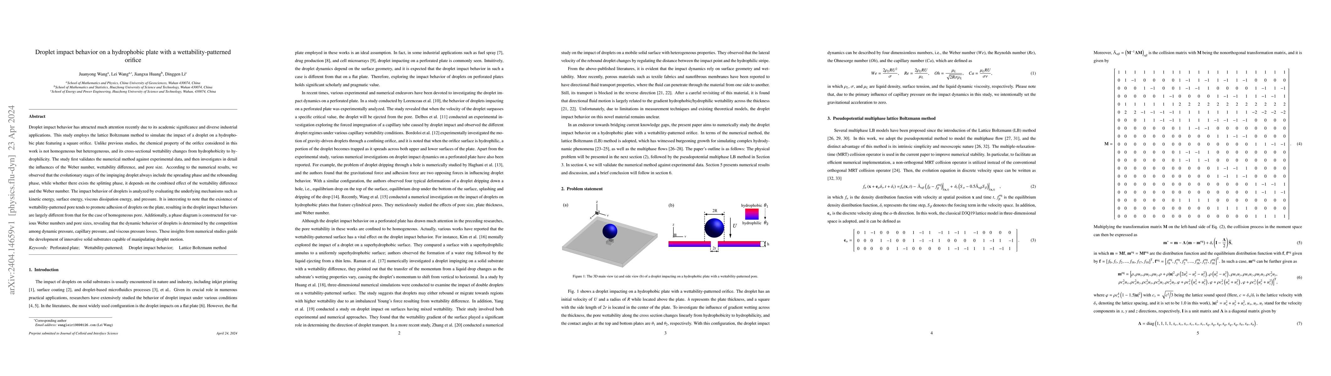 Thumbnail for Droplet impact behavior on a hydrophobic plate with a
  wettability-patterned orifice