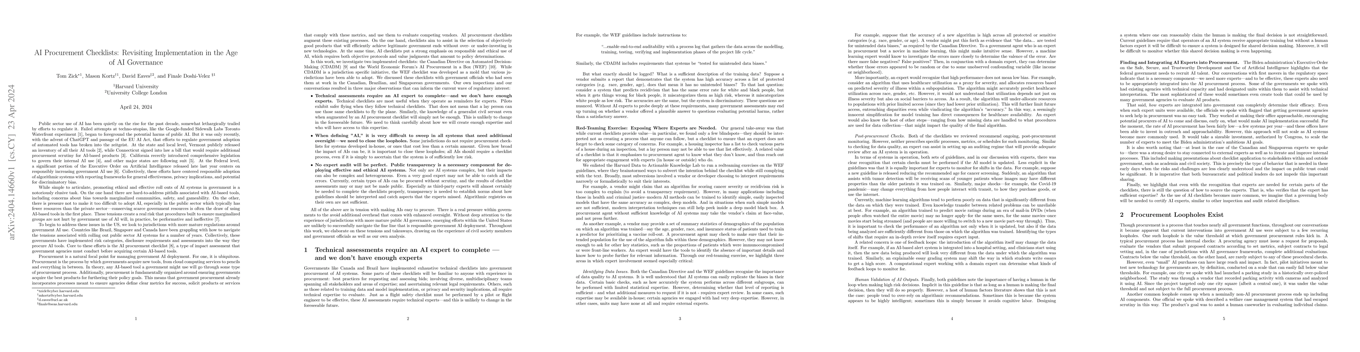 Thumbnail for AI Procurement Checklists: Revisiting Implementation in the Age of AI
  Governance