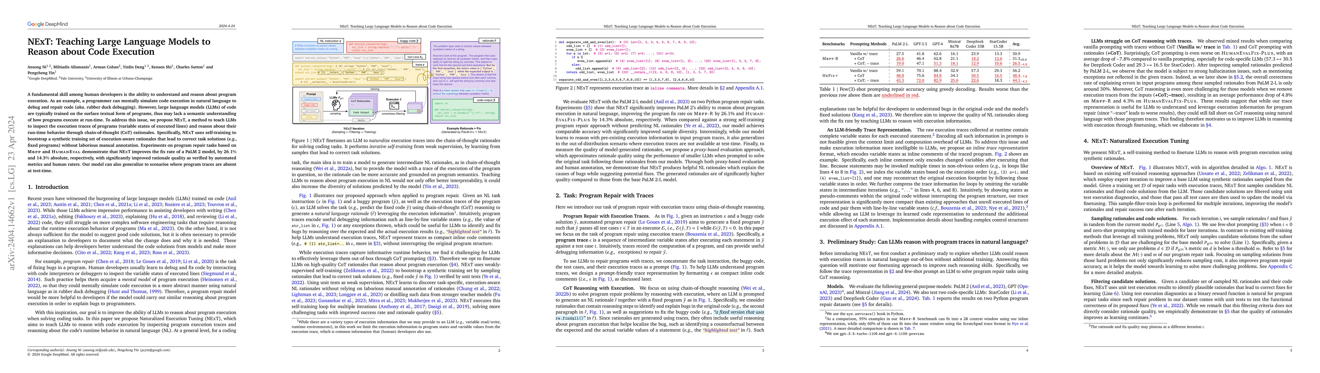 Thumbnail for NExT: Teaching Large Language Models to Reason about Code Execution