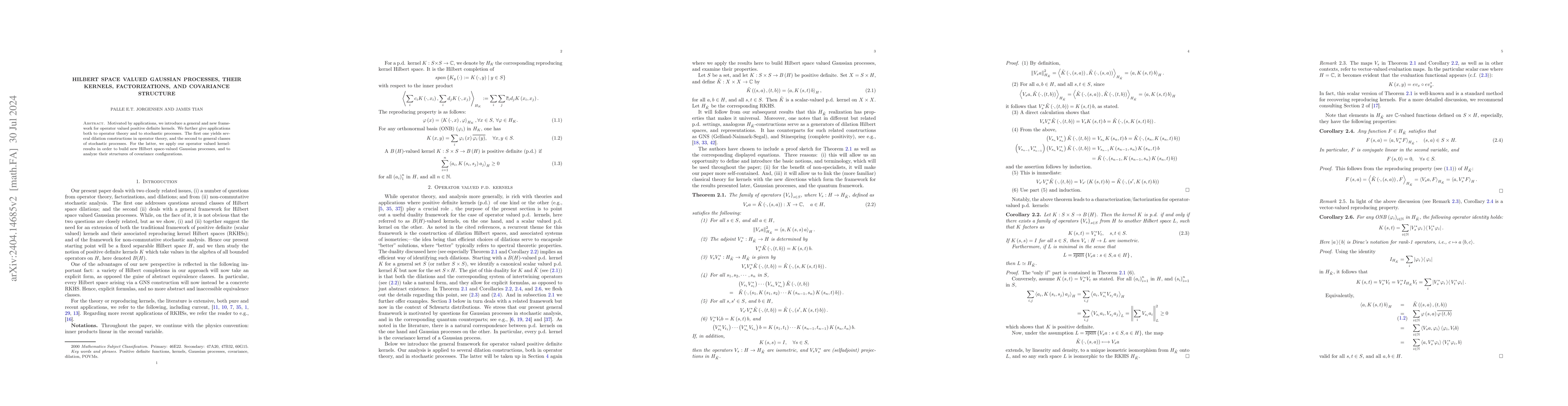Thumbnail for Hilbert space valued Gaussian processes, their kernels, factorizations,
  and covariance structure