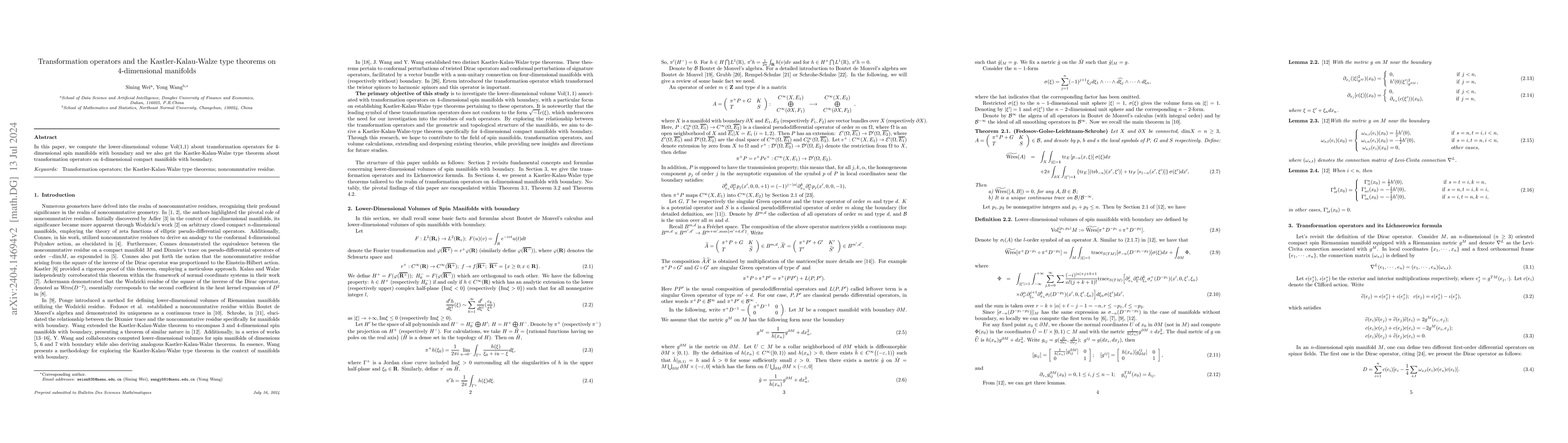Thumbnail for Transformation operators and the Kastler-Kalau-Walze type theorems on
  4-dimensional manifolds