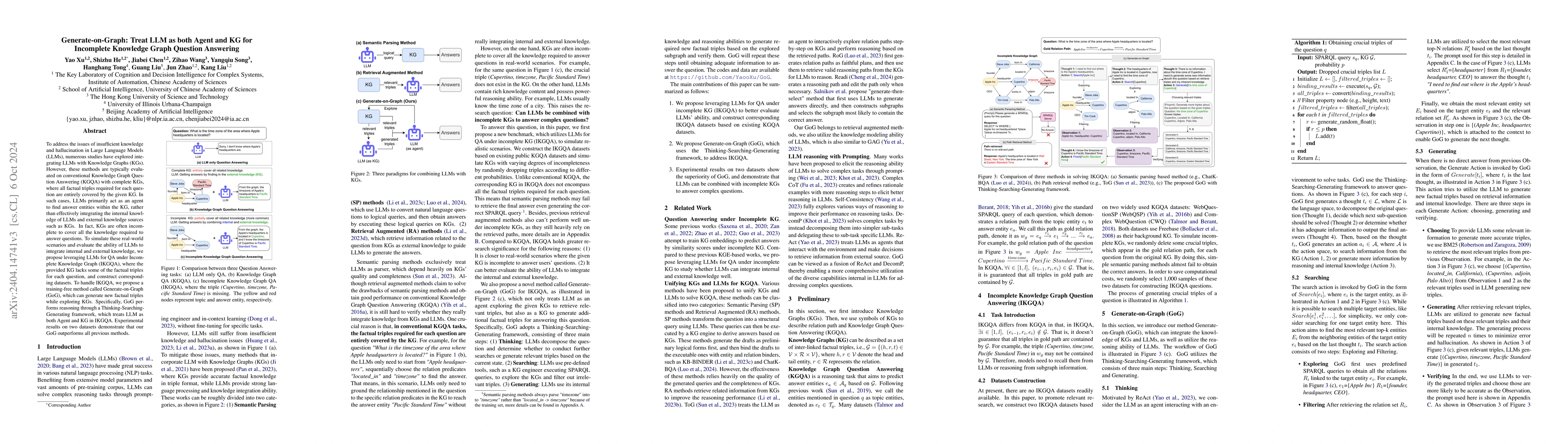 Thumbnail for Generate-on-Graph: Treat LLM as both Agent and KG in Incomplete
  Knowledge Graph Question Answering