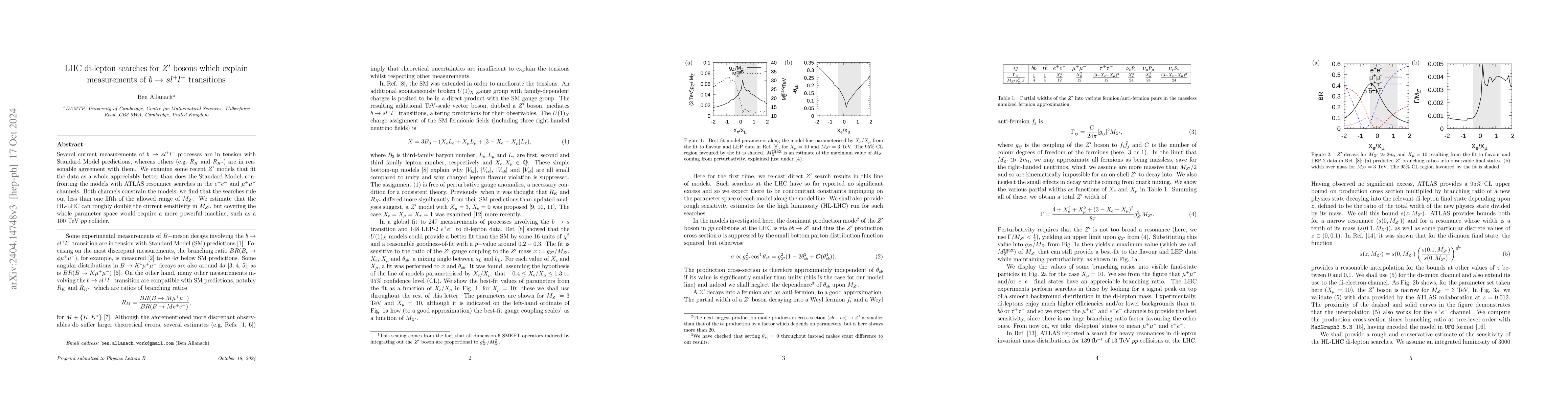 Thumbnail for LHC di-lepton searches for $Z^\prime$ bosons which explain measurements
  of $b \rightarrow s l^+l^-$ transitions