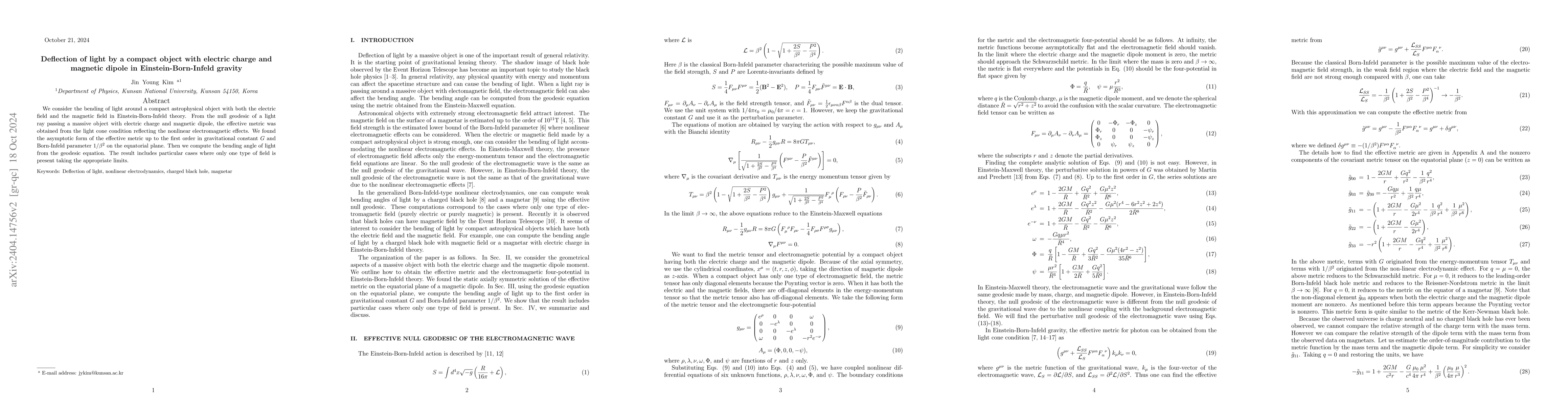 Thumbnail for Deflection of light by a compact object with electric charge and
  magnetic dipole in Einstein-Born-Infeld gravity