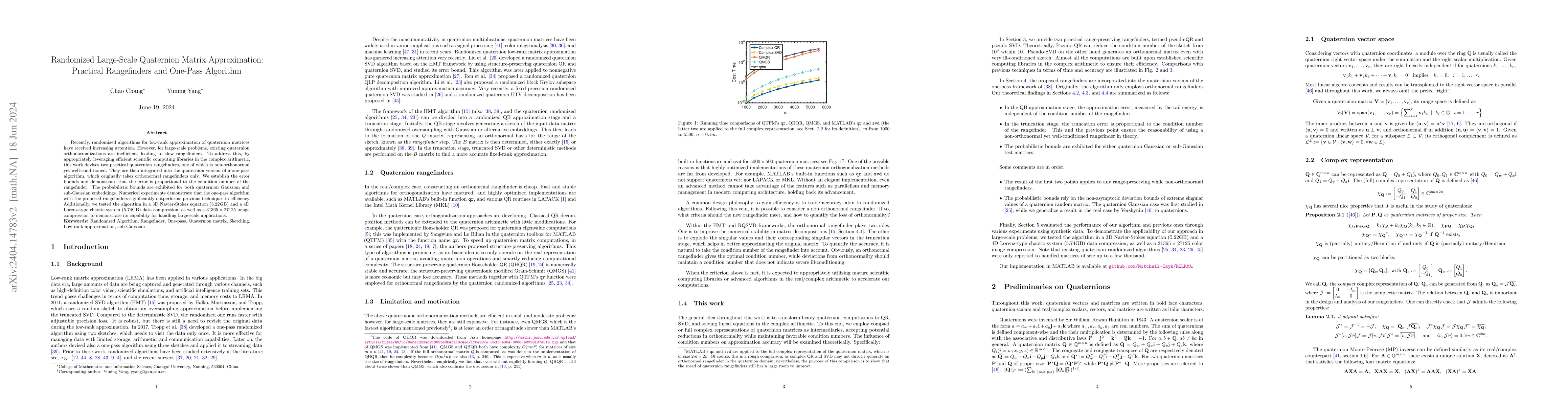 Thumbnail for Randomized Large-Scale Quaternion Matrix Approximation: Practical
  Rangefinders and One-Pass Algorithm