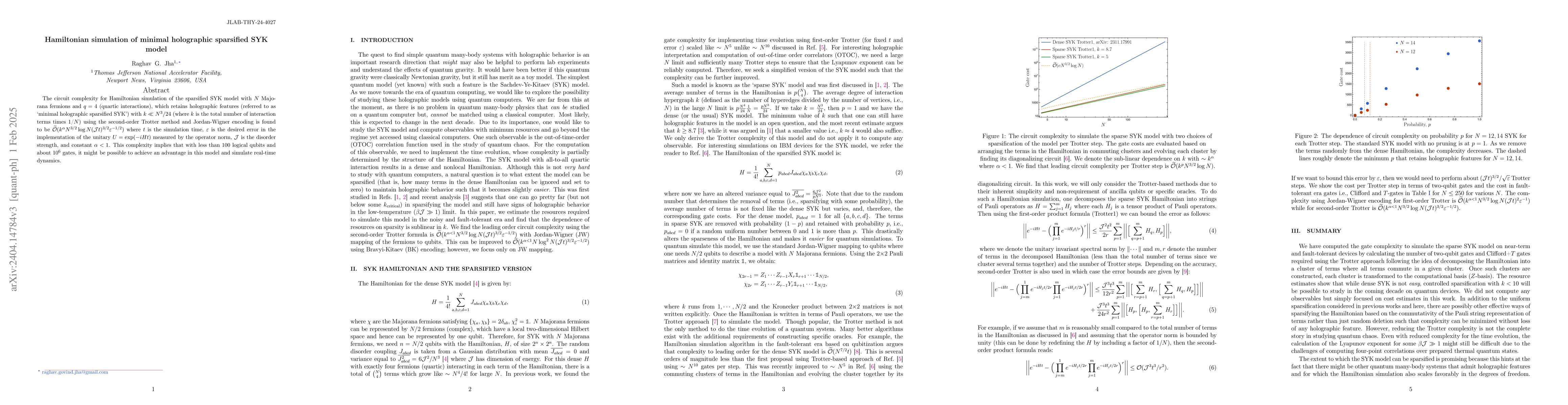 Thumbnail for Hamiltonian simulation of minimal holographic sparsified SYK model
