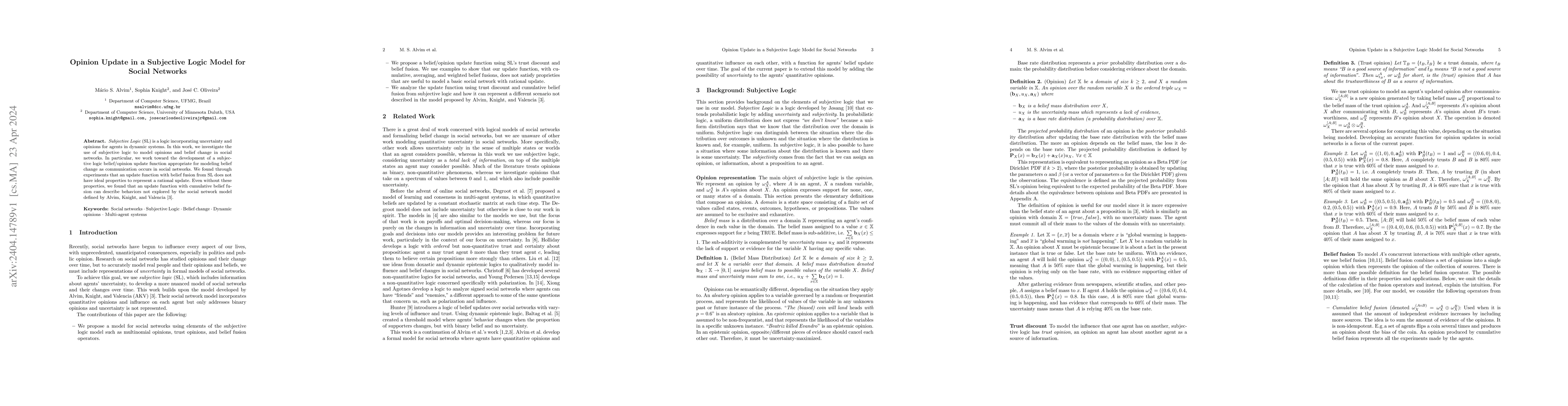 Thumbnail for Opinion Update in a Subjective Logic Model for Social Networks