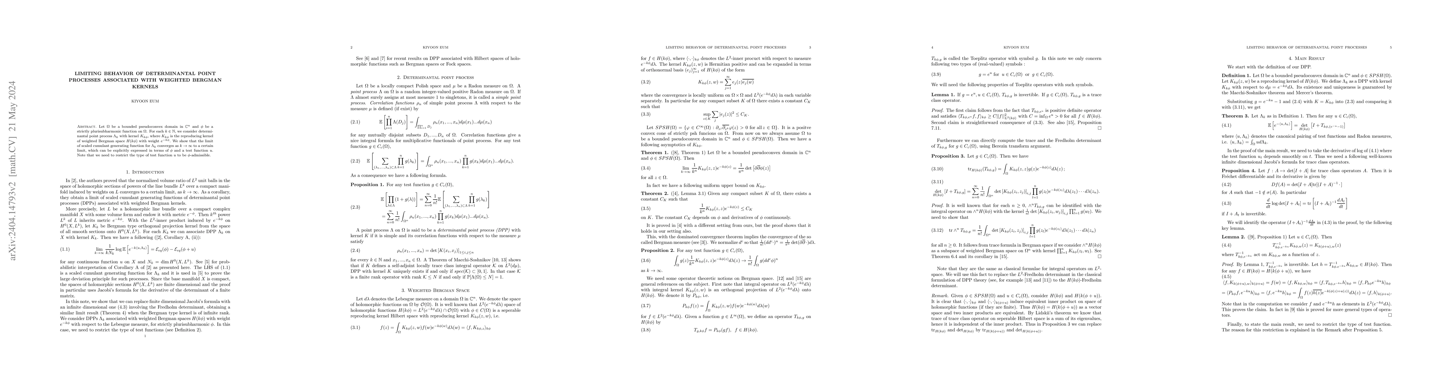 Thumbnail for Limiting behavior of determinantal point processes associated with
  weighted Bergman kernels