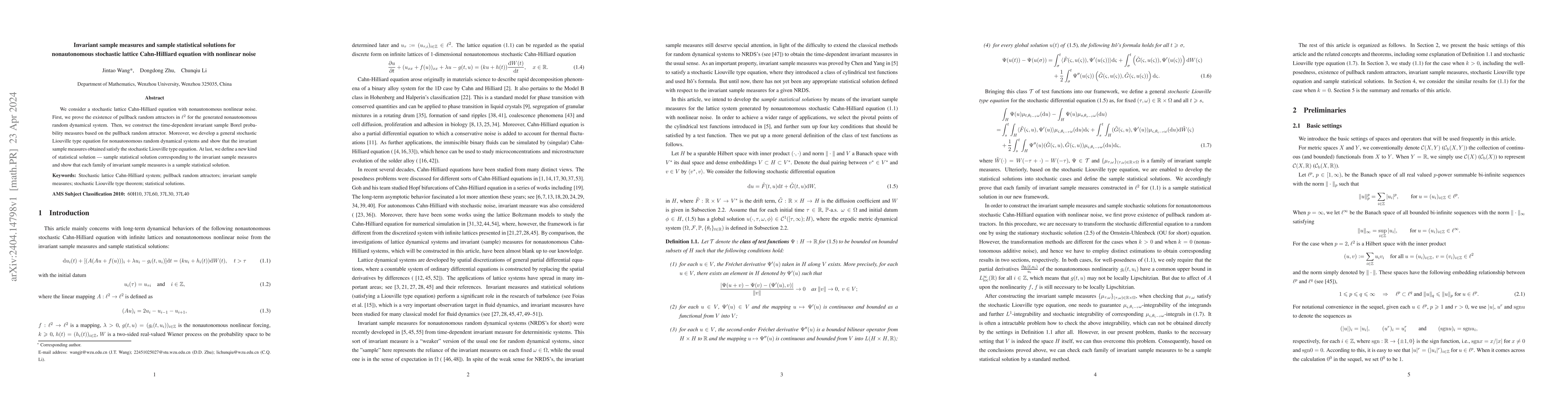 Thumbnail for Invariant sample measures and sample statistical solutions for
  nonautonomous stochastic lattice Cahn-Hilliard equation with nonlinear noise
