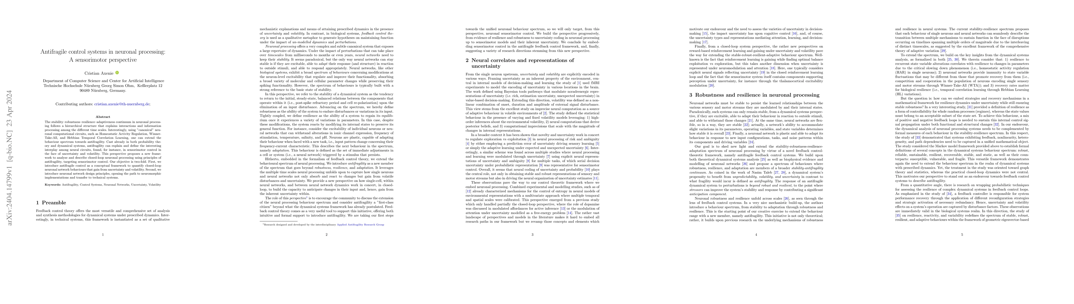 Thumbnail for Antifragile control systems in neuronal processing: A sensorimotor
  perspective