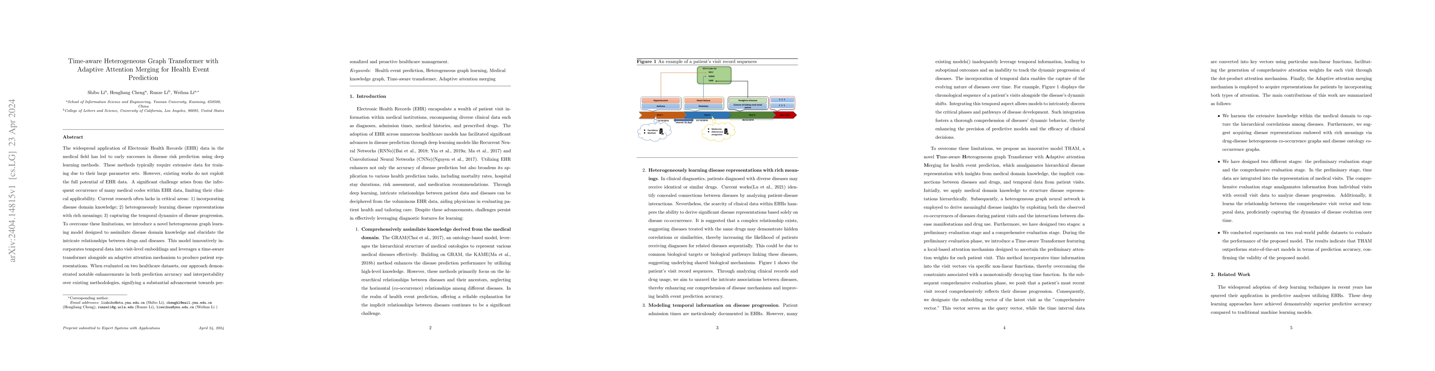 Thumbnail for Time-aware Heterogeneous Graph Transformer with Adaptive Attention
  Merging for Health Event Prediction