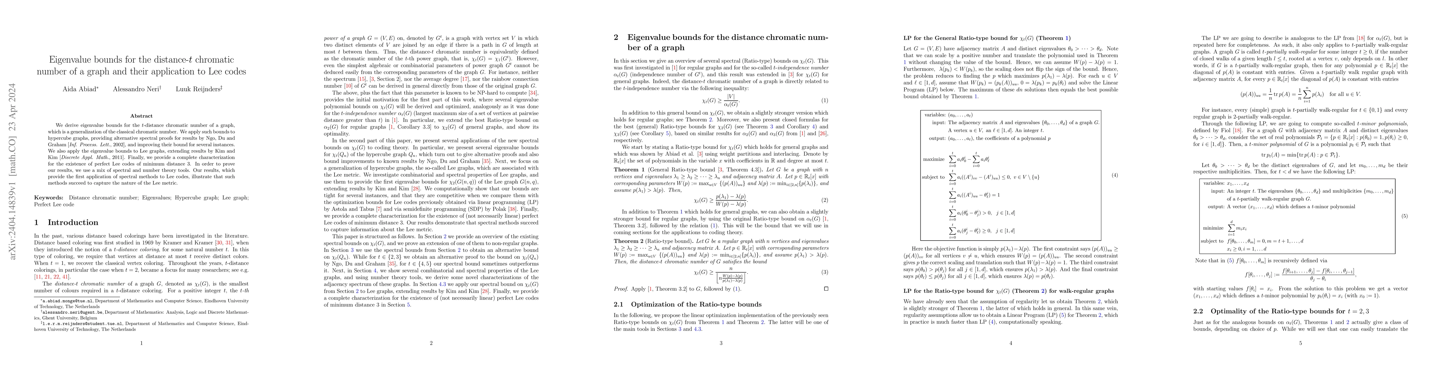 Thumbnail for Eigenvalue bounds for the distance-$t$ chromatic number of a graph and
  their application to Lee codes