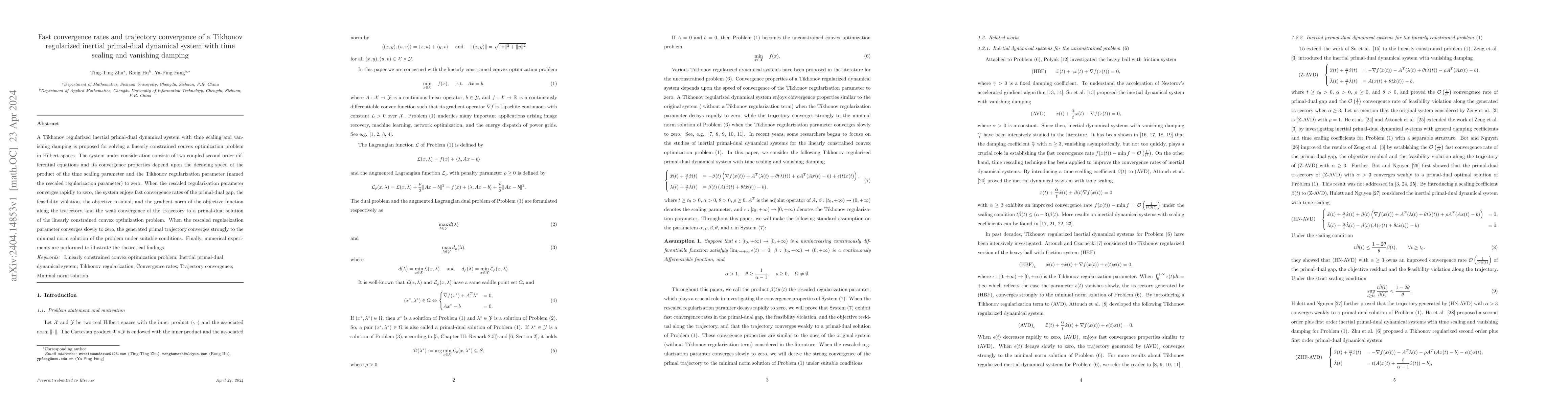 Thumbnail for Fast convergence rates and trajectory convergence of a Tikhonov
  regularized inertial primal\mbox{-}dual dynamical system with time scaling
  and vanishing damping