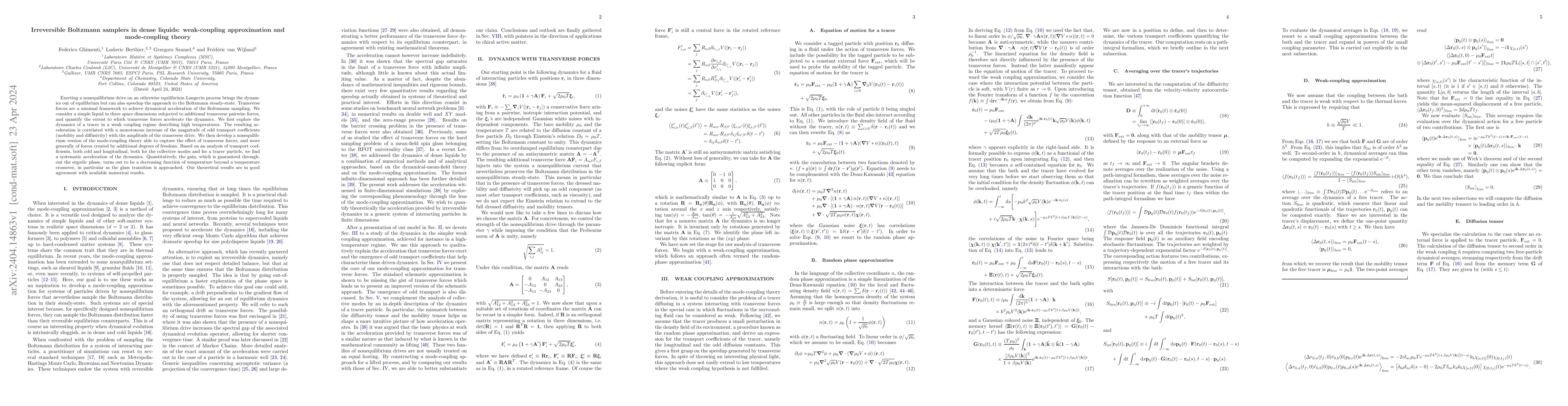 Thumbnail for Irreversible Boltzmann samplers in dense liquids: weak-coupling
  approximation and mode-coupling theory