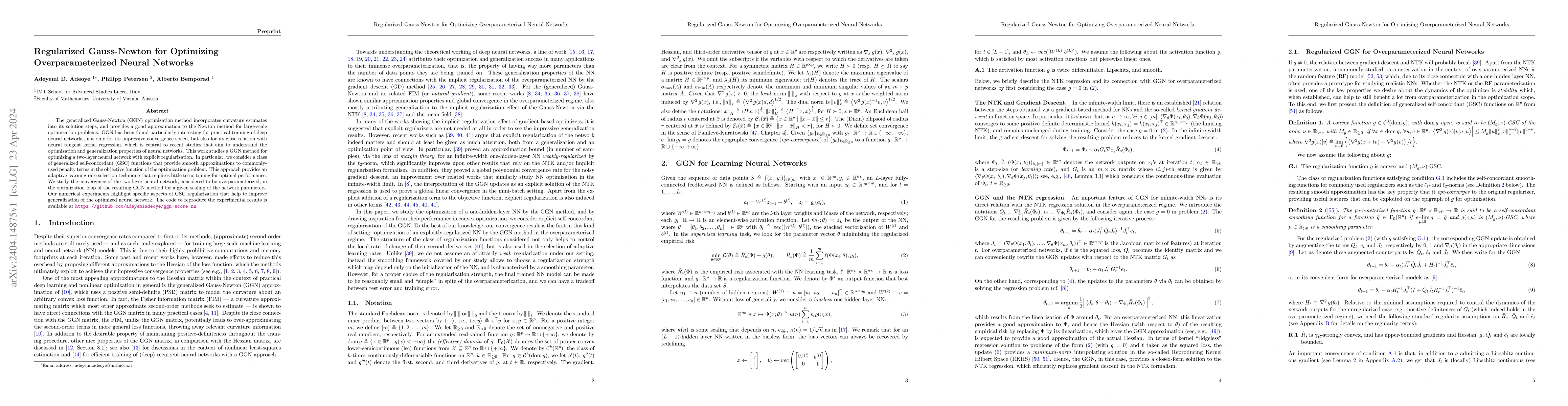 Thumbnail for Regularized Gauss-Newton for Optimizing Overparameterized Neural
  Networks