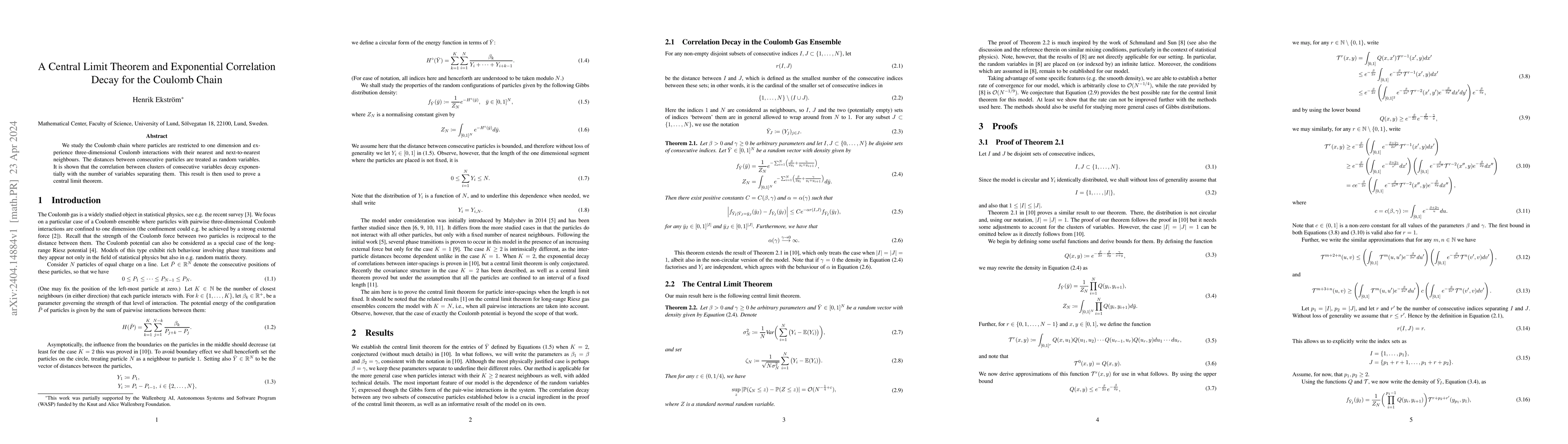 Thumbnail for A Central Limit Theorem and Exponential Correlation Decay for the
  Coulomb Chain