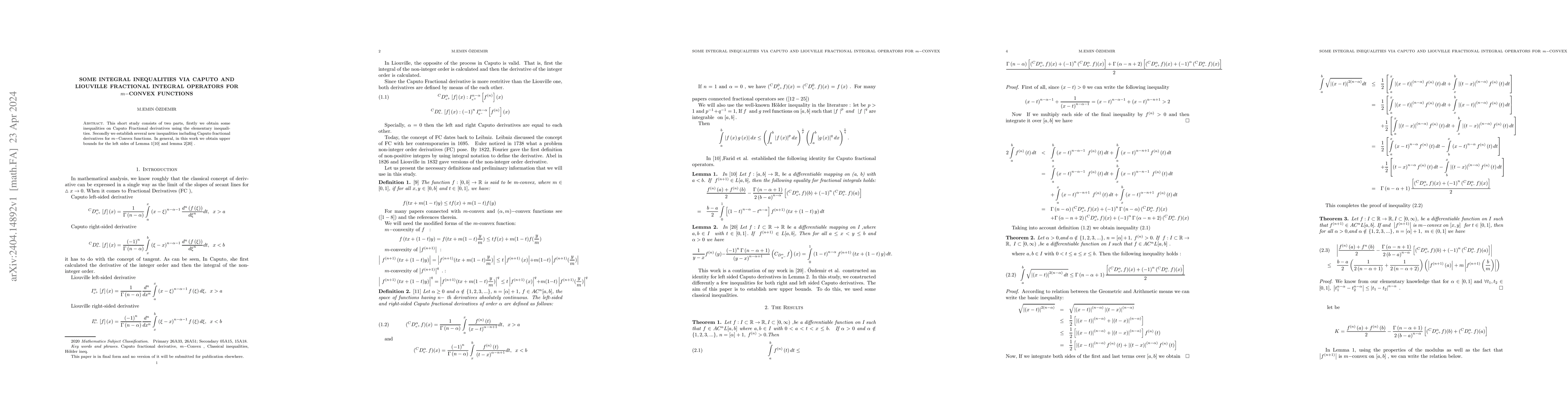 Thumbnail for Some integral inequalities via Caputo and Liouville fractional integral
  operators for m-convex functions