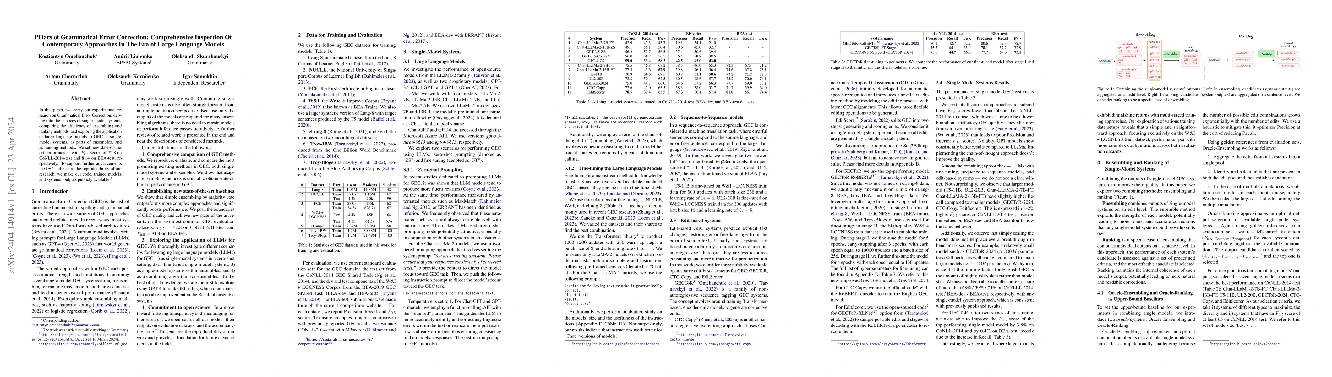 Thumbnail for Pillars of Grammatical Error Correction: Comprehensive Inspection Of
  Contemporary Approaches In The Era of Large Language Models