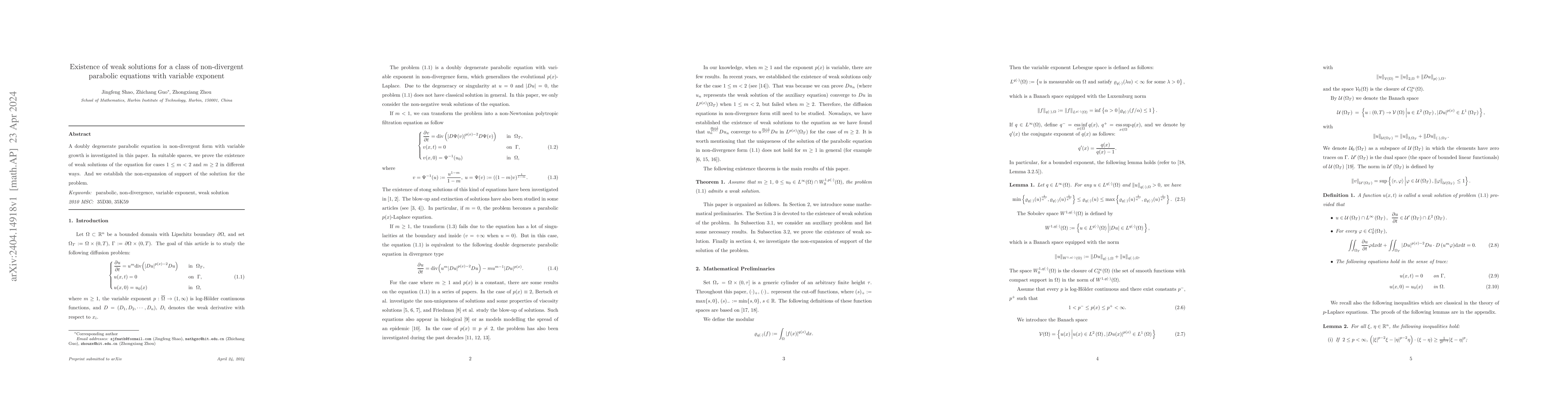Thumbnail for Existence of weak solutions for a class of non-divergent parabolic
  equations with variable exponent