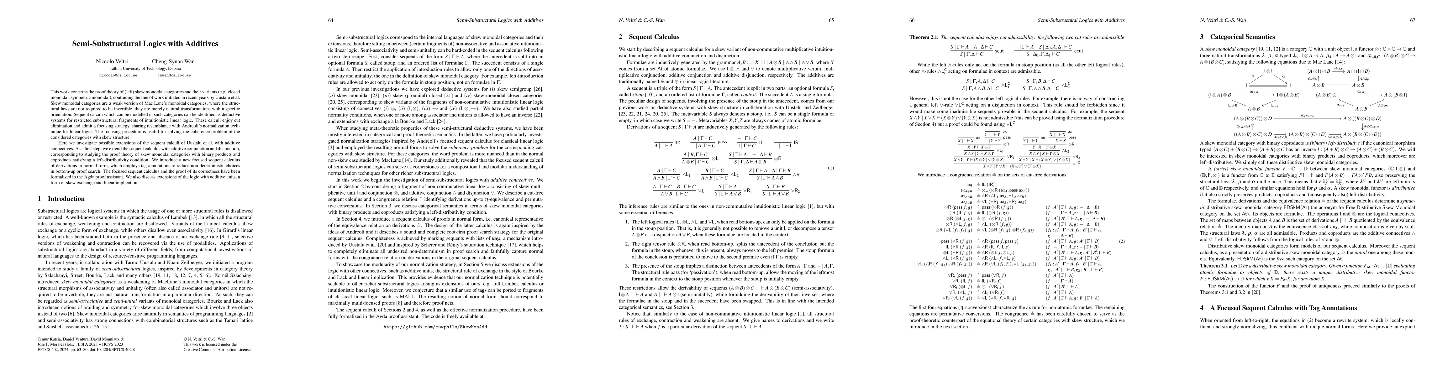 Thumbnail for Semi-Substructural Logics with Additives