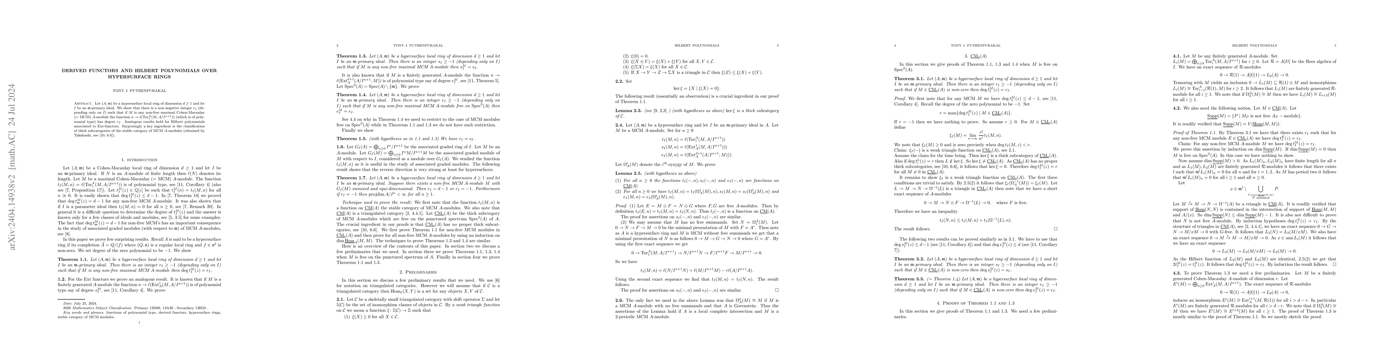 Thumbnail for Derived functors and Hilbert polynomials over hypersurface rings
