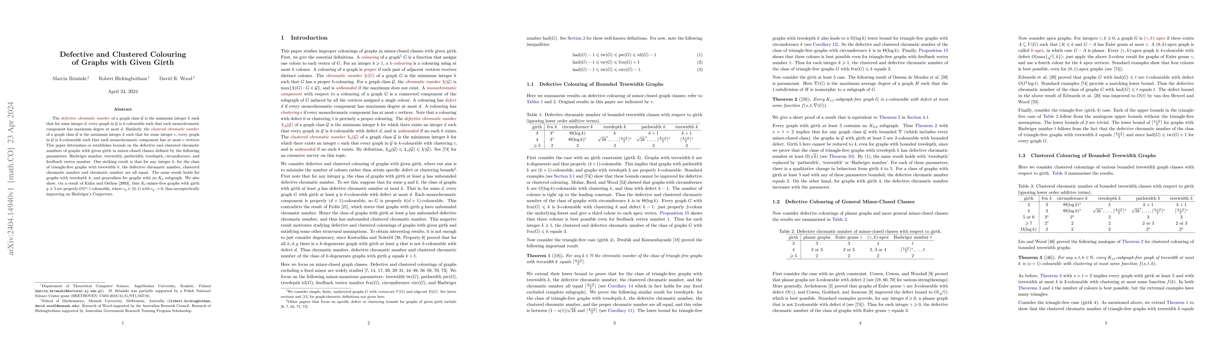 Thumbnail for Defective and Clustered Colouring of Graphs with Given Girth