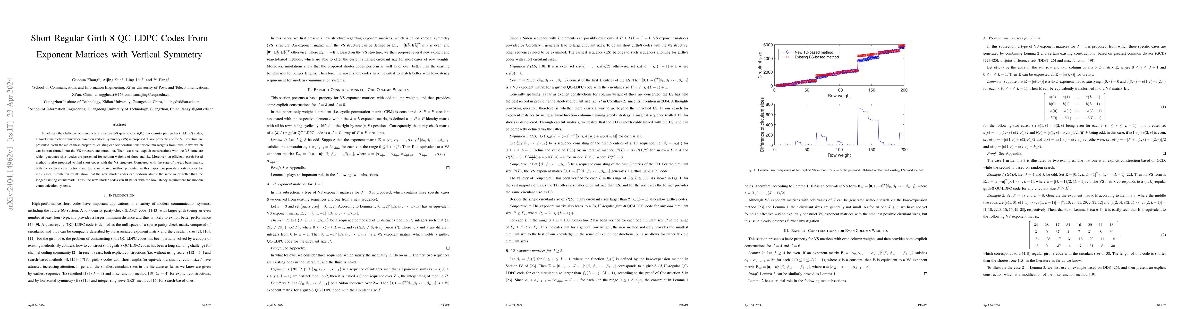 Thumbnail for Short Regular Girth-8 QC-LDPC Codes From Exponent Matrices with Vertical
  Symmetry