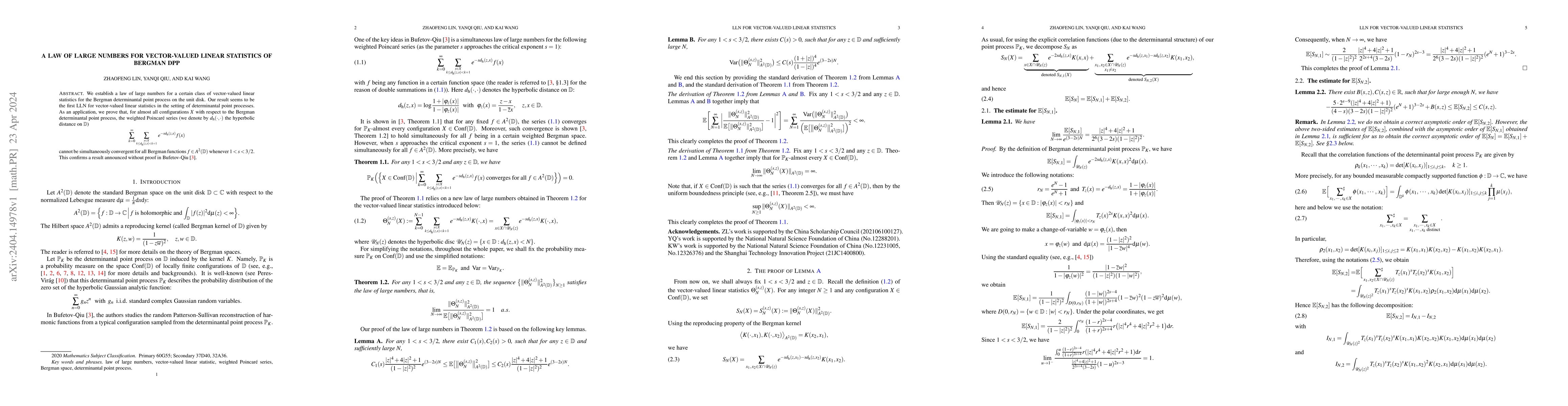 Thumbnail for A Law of large numbers for vector-valued linear statistics of Bergman
  DPP