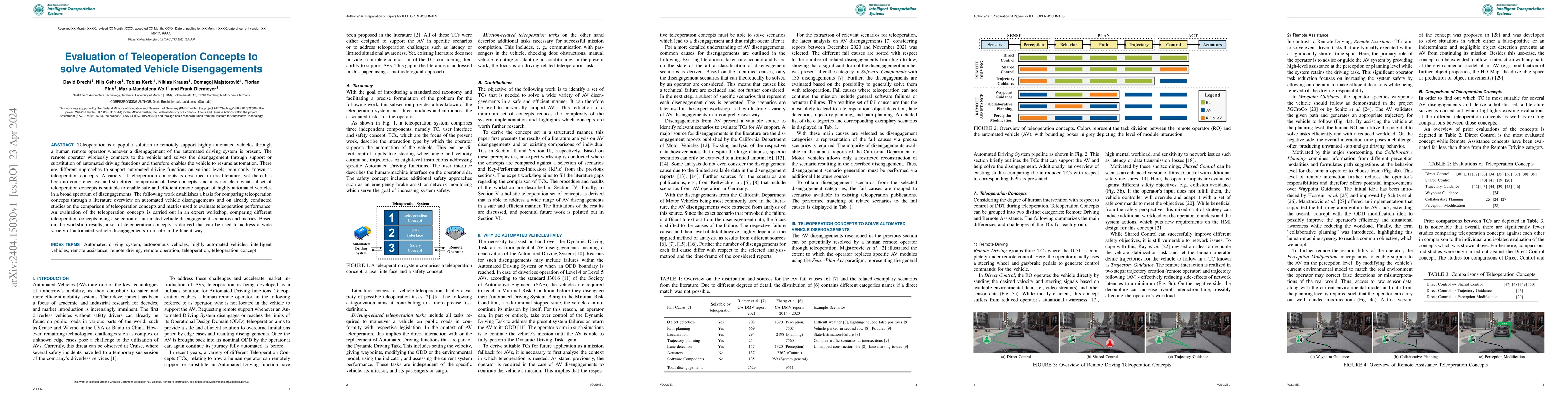 Thumbnail for Evaluation of Teleoperation Concepts to solve Automated Vehicle
  Disengagements
