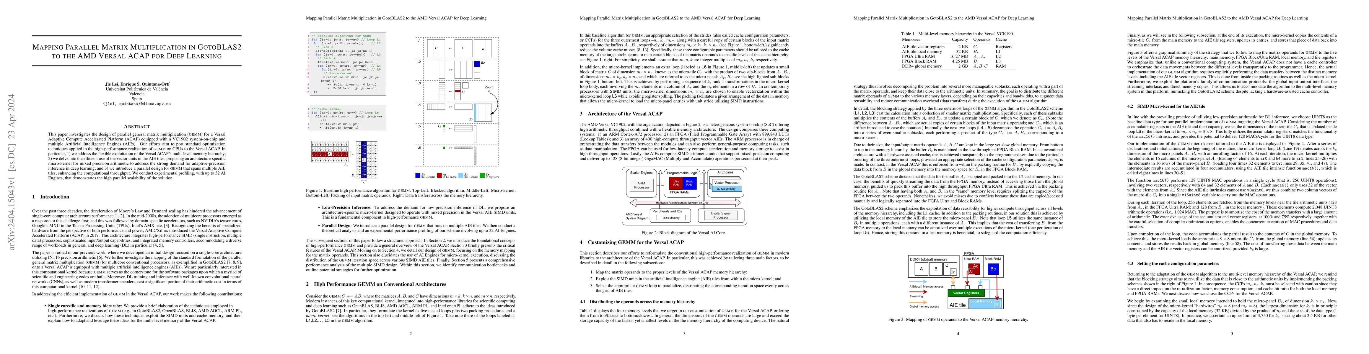 Thumbnail for Mapping Parallel Matrix Multiplication in GotoBLAS2 to the AMD Versal
  ACAP for Deep Learning