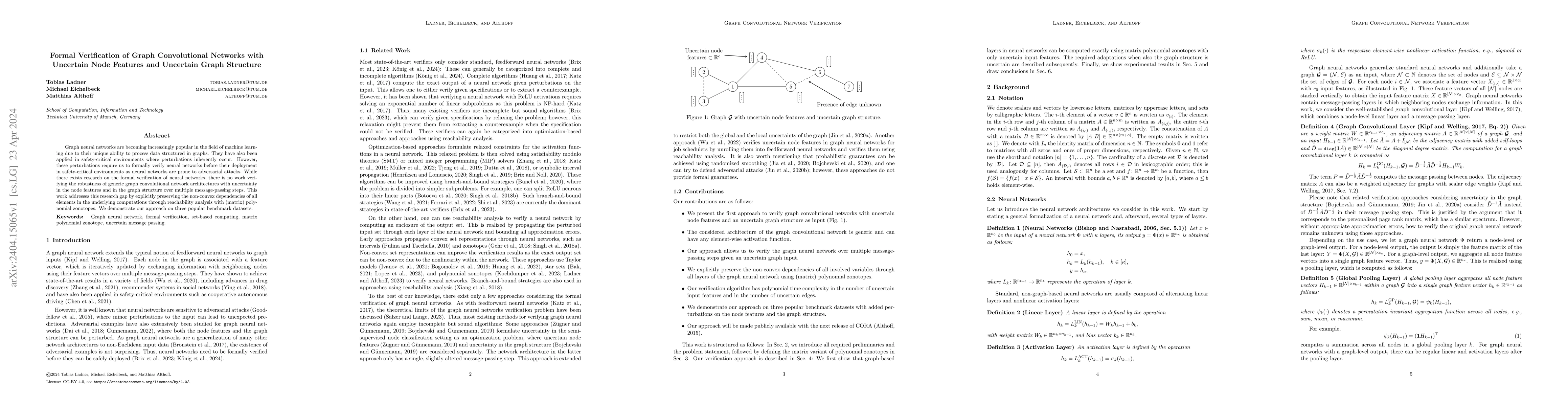 Thumbnail for Formal Verification of Graph Convolutional Networks with Uncertain Node
  Features and Uncertain Graph Structure