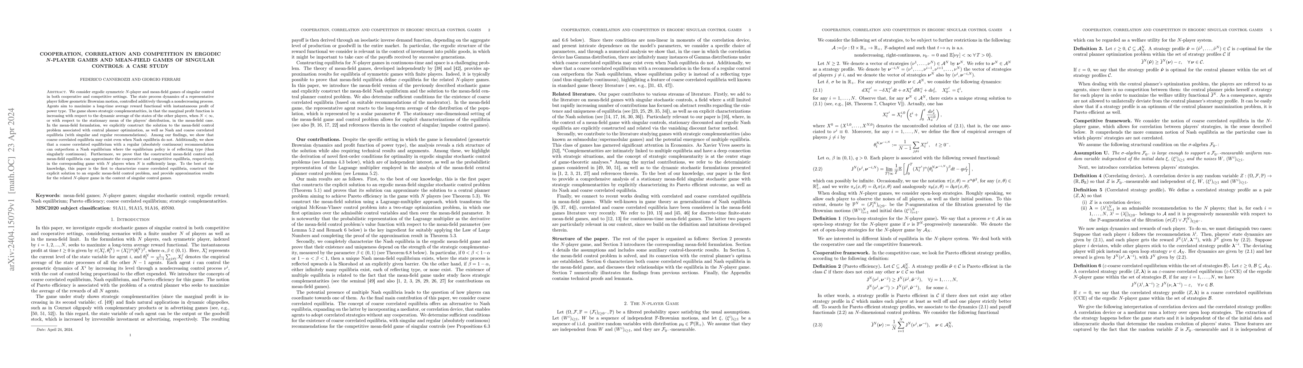 Thumbnail for Cooperation, Correlation and Competition in Ergodic $N$-player Games and
  Mean-field Games of Singular Controls: A Case Study