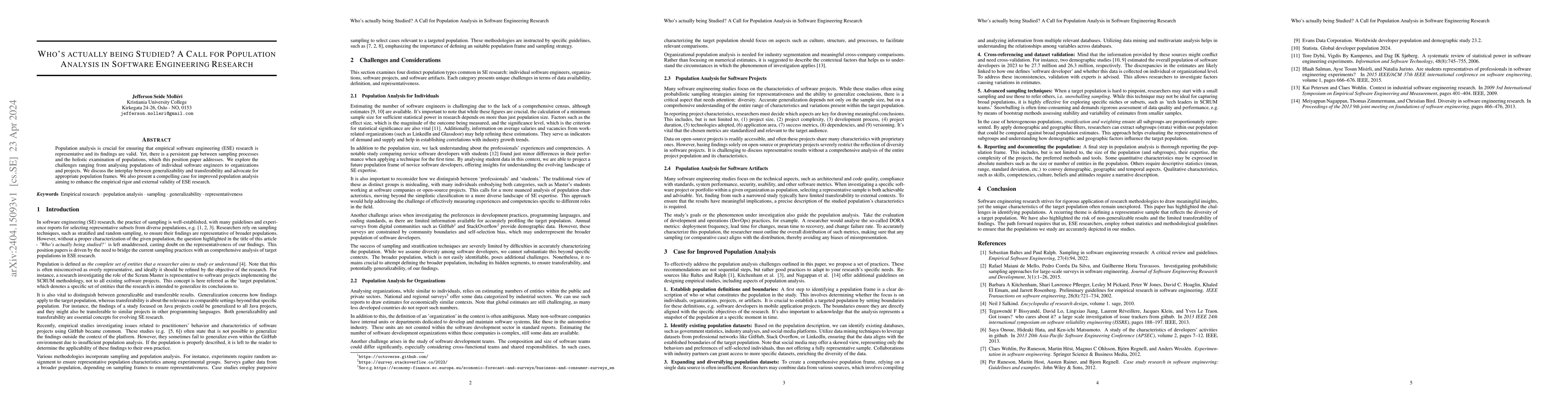 Thumbnail for Who's actually being Studied? A Call for Population Analysis in Software
  Engineering Research