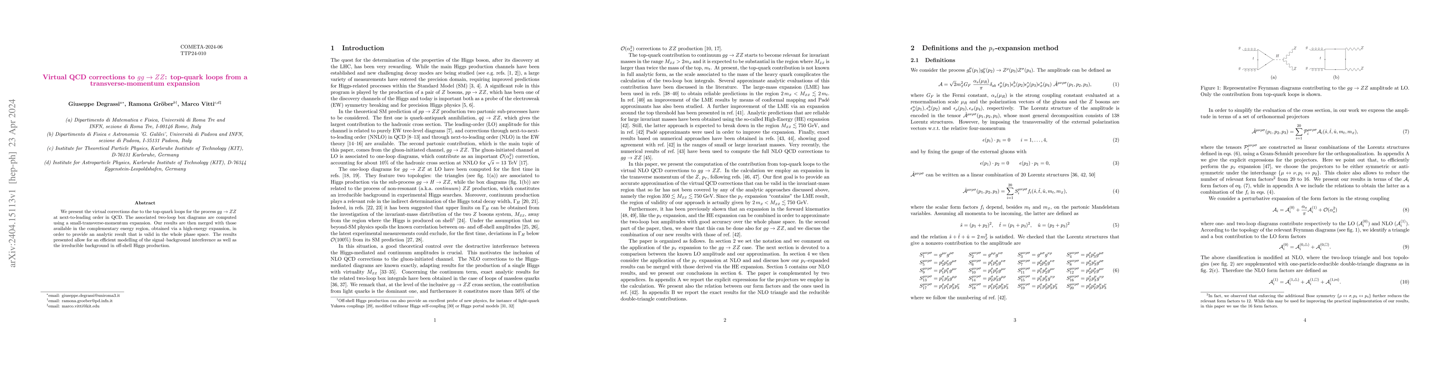 Thumbnail for Virtual QCD corrections to $gg \to ZZ$: top-quark loops from a
  transverse-momentum expansion