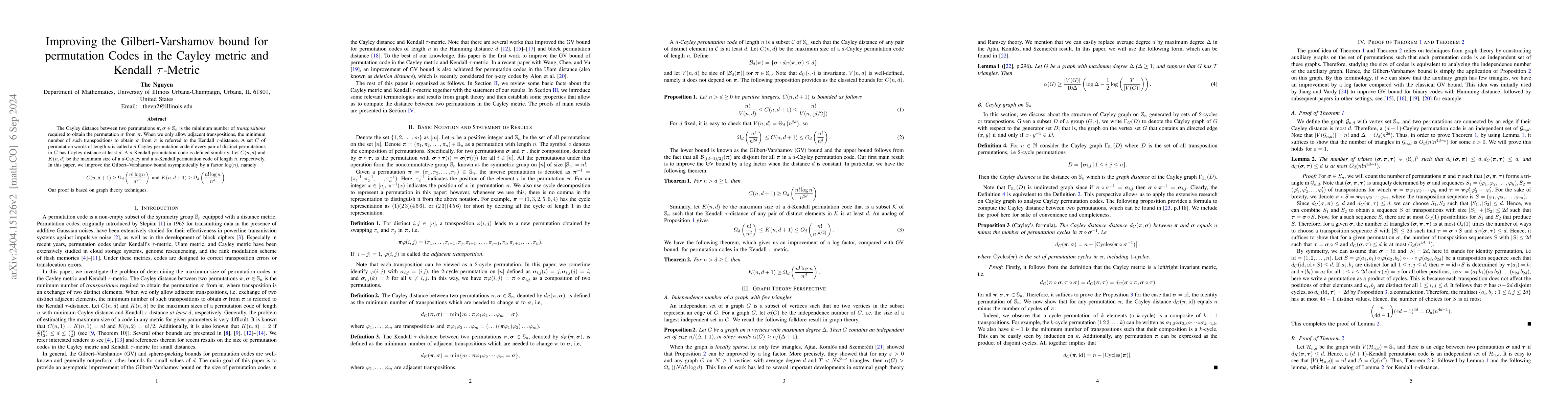 Thumbnail for Improving the Gilbert-Varshamov bound for permutation Codes in the
  Cayley metric and Kendall $\tau$-Metric