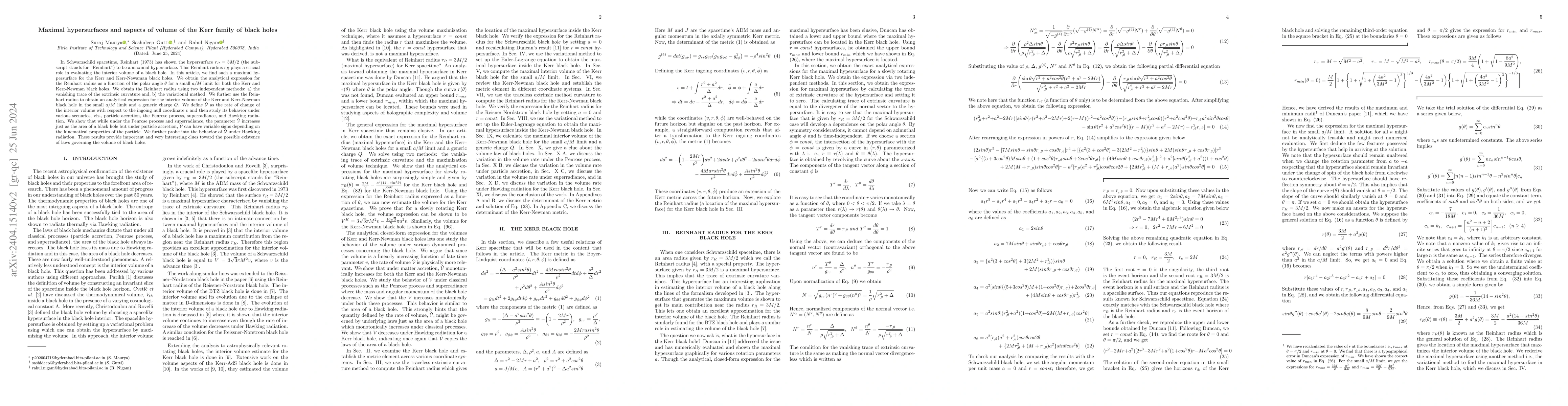 Thumbnail for Maximal hypersurfaces and aspects of volume of the Kerr family of black
  holes