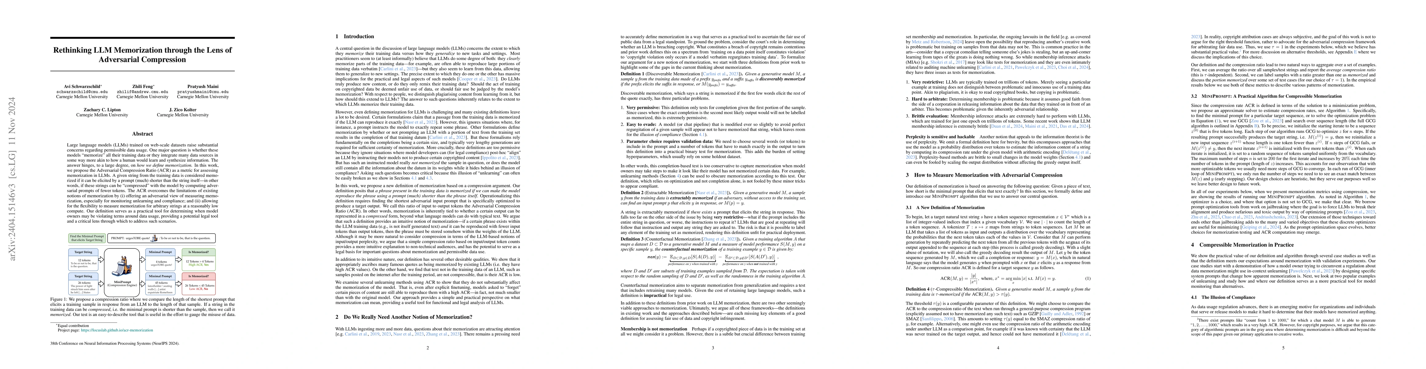 Thumbnail for Rethinking LLM Memorization through the Lens of Adversarial Compression