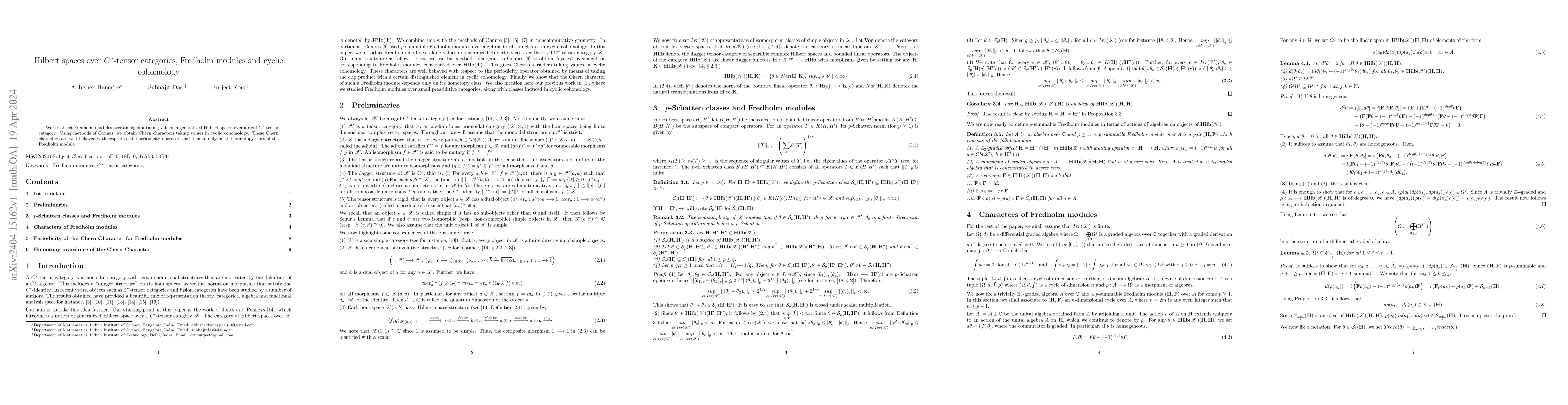 Thumbnail for Hilbert spaces over $C^*$-tensor categories, Fredholm modules and cyclic
  cohomology