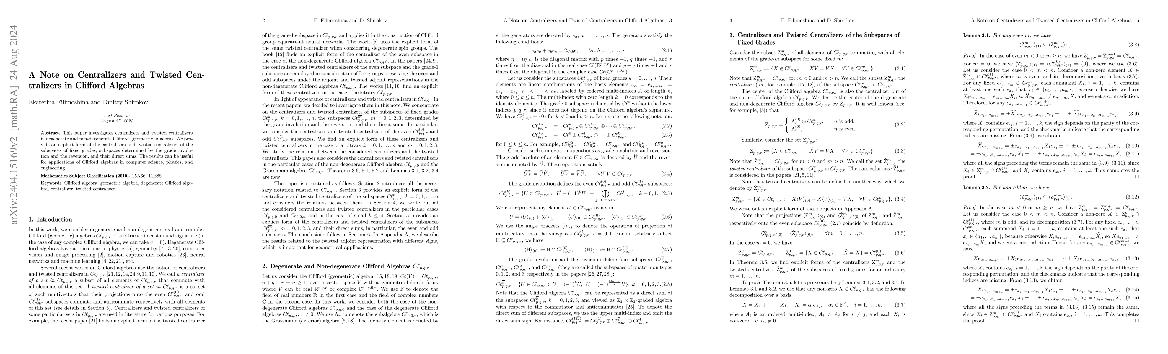 Thumbnail for A Note on Centralizers and Twisted Centralizers in Clifford Algebras