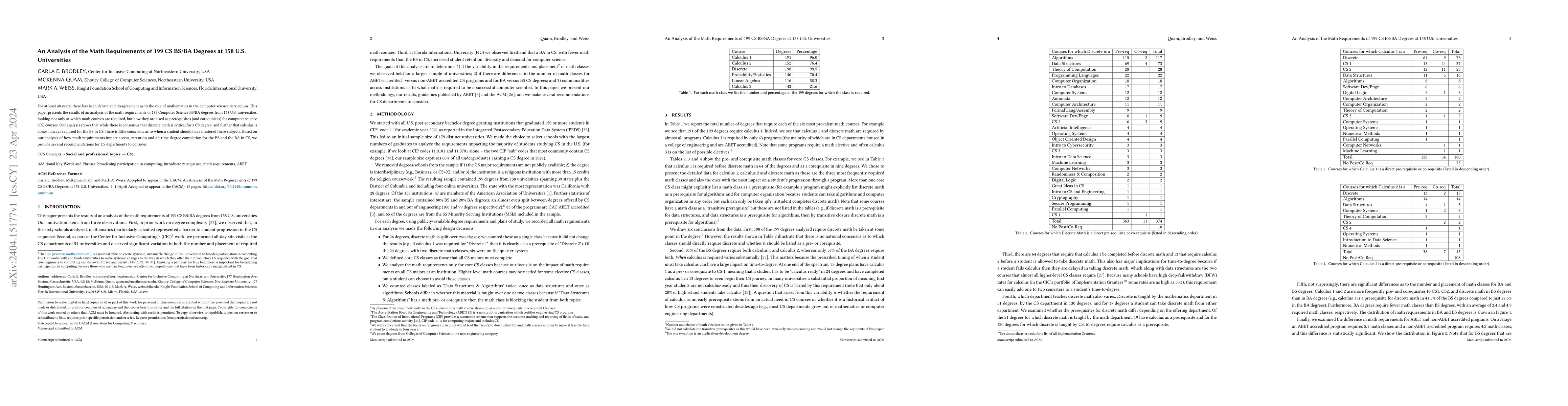 Thumbnail for An Analysis of the Math Requirements of 199 CS BS/BA Degrees at 158 U.S.
  Universities